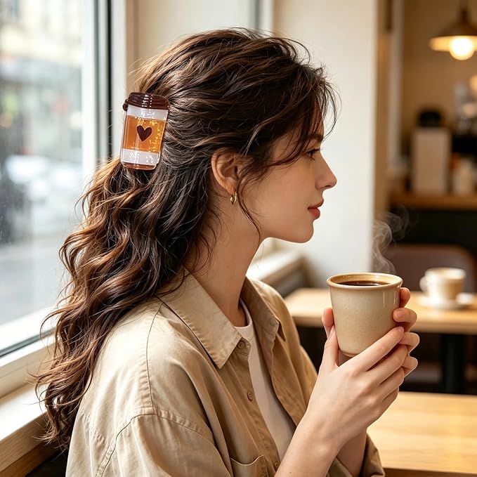 Coffee Cup Heart Hair Claw Clips Cute Brown Cup Acrylic Hair Clip for Women | Beverages Bottle Love Jaw Clip Strong Hold Hair Barrettes Fall Winter Hair Accessories Daily Holiday Party Styling Hair Clamp