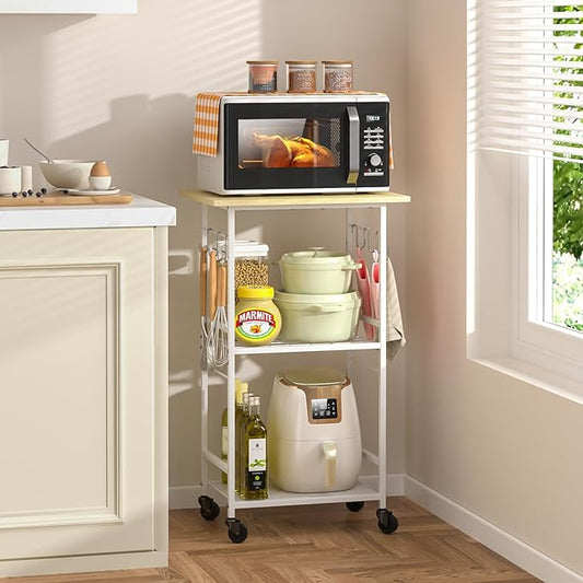 ThreeHio Rolling Kitchen Microwave Cart, 3 Tier Microwave Table Stand with Adjustable Shelf, Kitchen Storage Rack on Wheels, Coffee Station Cart Rack Shelf Organizer for Living Room Office, Balcony