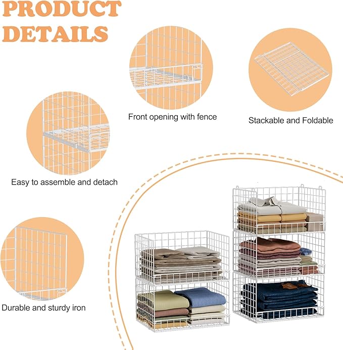 5-Tier Stackable Closet Organizers and Storage Basket - Foldable Closet Shelf Organizer System, Space-Saving Clothes Storage Bins Drawer Organizer for Wardrobe, White (Patent Pending)