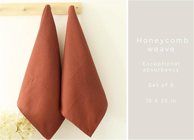PurpleEssences Rust Waffle Weave Kitchen Towel, 100% Cotton 15x25 Inches, with Hanging Loop Soft Absorbent Quick Drying Dish Cloth, Tea and Hand Towels, 6 Pack - Christmas Holiday Winter - Rust