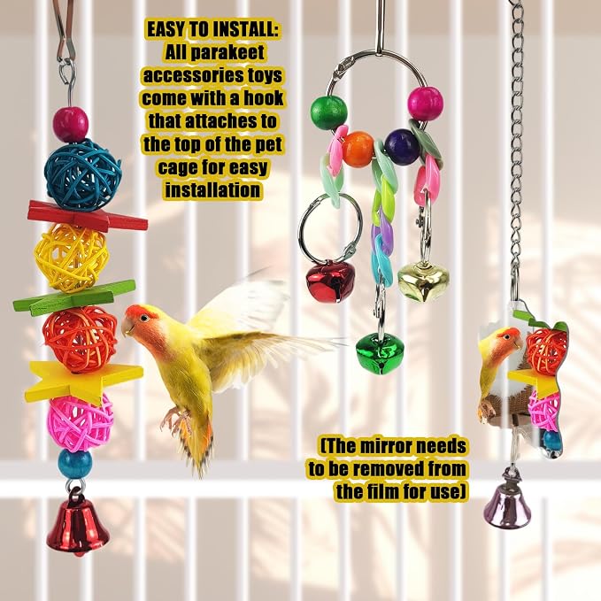 Parakeet Toys,7 Pcs Colorful Bird Toys for Parakeets,Pet Bird Cage Hammock Swing Climbing Ladders Chewing Toy Mirror Hanging Bell Wooden Perch for Budgerigar,Conures, Love Birds,etc | Swing Climbing Ladders Chewing Toy Mirror Hanging Bell Wooden Perch,...