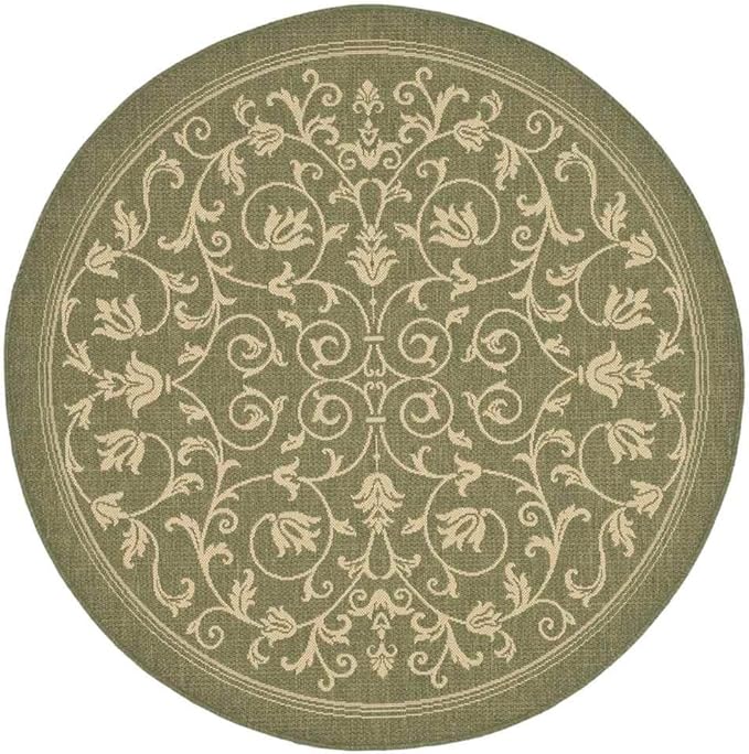 SAFAVIEH Courtyard Collection 7'10" Round Olive / Natural CY2098 Scroll Indoor/ Outdoor Waterproof Easy-Cleaning Patio Backyard Mudroom Area-Rug