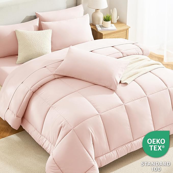CozyLux Twin XL Comforter Set Blush Pink, 5 Pieces Twin Extra Long Bed in a Bag for College Dorm, All Season Bedding Set with Stitch Quilted Comforter, Flat Sheet, Fitted Sheet, Pillowcases