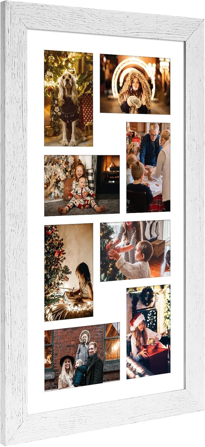 11.8x21.8 Picture Frame Display 8 opening 4X6 Picture Frame Collage,Multi Photo Frame with Mat,Plexiglass,Wall or Tabletop Decor,Distressed White Wood Grain