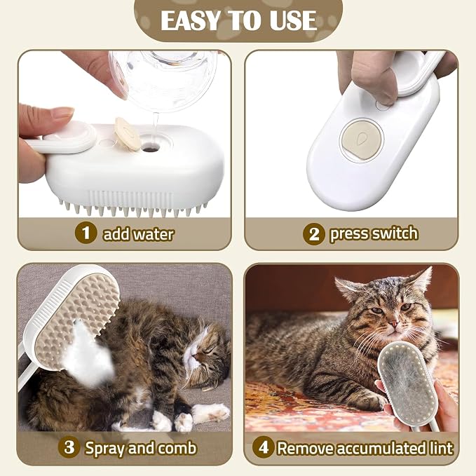 Rabbit Ferret Steam Brush 5 In1 Grooming Kit for Cats Dogs Silicone Massage Tool Stainless Steel Nail Scissors Hair Detangling Comb - Water Spray Rechargeable Shedding Wash-Free Essence (White)