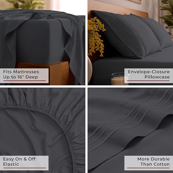Mellanni Queen Sheets Set - 4 PC Iconic Collection Bedding - Hotel Luxury, Extra Soft, Cooling Bed Sheets - Wrinkle, Fade, Stain Resistant (Queen, Charcoal)