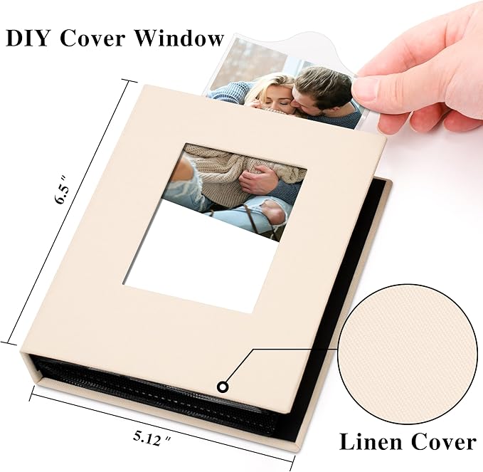 2 Pack Photo Album Holds 48 Pockets with Linen Cover and Customizable Window, Fits 4x6 Photos, Archival Black Pages, Beige