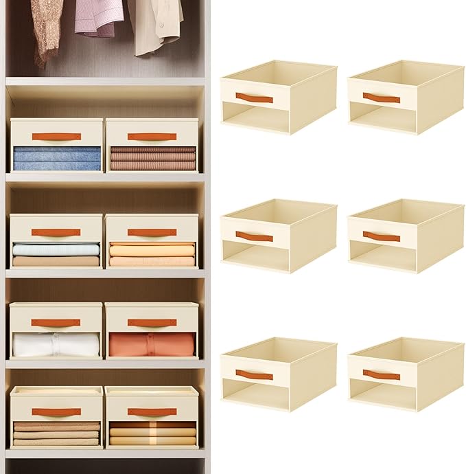 Drawer Organizers and Storage - 6 Pack Foldable Pants Organizer with Clear Window & Handles, Fabric Closet Organizer for Clothes, Jeans, Sweaters, Towels, T-shirt, Scarf (Beige)