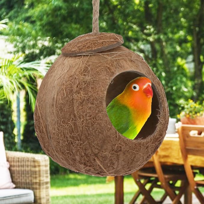 Hypeety Pet Bird Breeding Nest Natural Coconut Bird Hideout Hut for Cage | Natural coconut shell, for sleeping/breeding, easy to hang, swing toy, for parakeet/cockatiel/finch/hamster, with sturdy hook