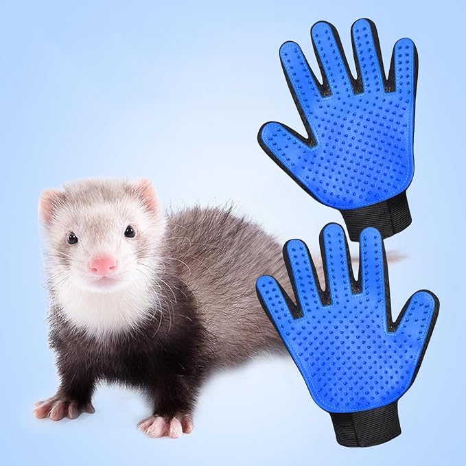 MANON ROSA Ferret Grooming Glove Brush 1 Pair - High-Efficiency Gentle Shedding, Reusable Pet Hair Remover Mittens for Bath Massage (Blue)