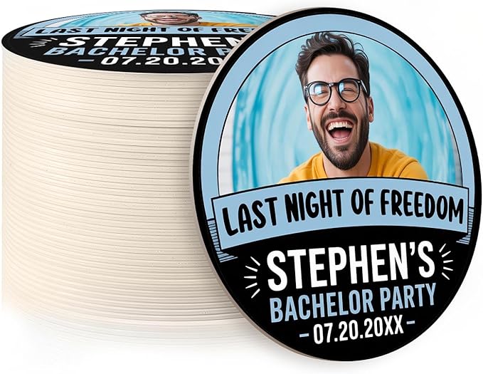 40 Pack Personalized Bachelor Party Coasters, Custom Cardboard Drink Coasters with Photo Print and Text, Fun Bachelor Party Favors and Gifts, 3.95" Round, Design 3