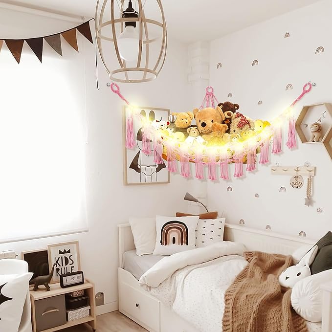 CERETIA Stuffed Animal Hammock with LED Light, Large Stuffed Animals Storage Corner Plushie Net for Kids Room Decor, Jumbo Pink