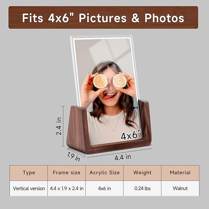 4x6 picture frames, Solid Rustic Wooden Photo Frames with Walnut Wood Base and High Definition Acrylic Glass Covers - for Tabletop or Desktop Display (4x6 inch, Vertical)