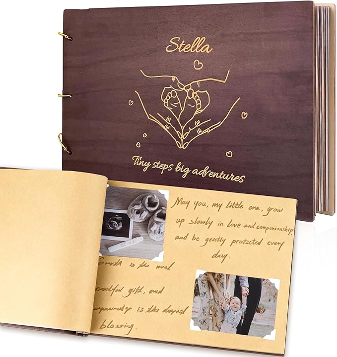Personalized Baby Photo Album - Wooden Baby Memory Book - Custom Name Baby Scrapbook,Baby Album and Memory Book - Unique Newborn Baby Gift for New Parents