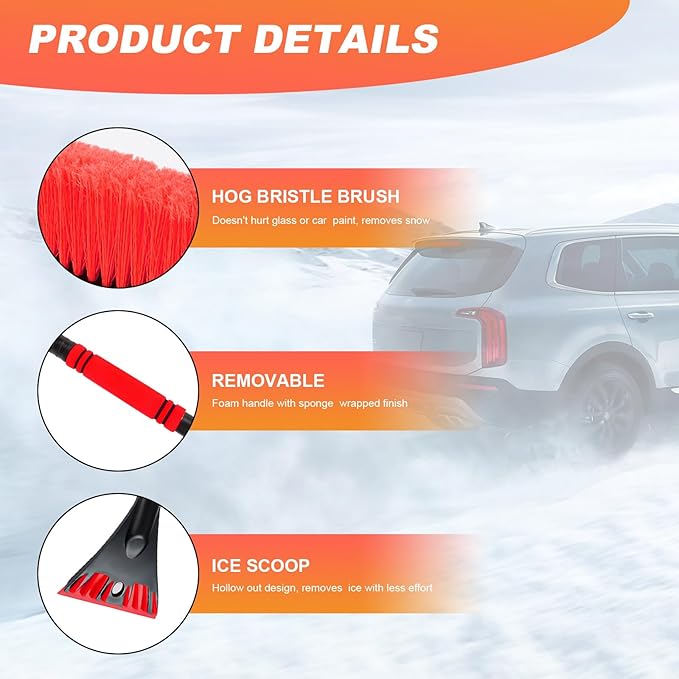 Snow Brush and Ice Scraper for Car Windshield, 23.6" Scratch Free Auto Scraper Soft Bristle Brush with Ergonomic Grip, Detachable Winter Snow Removal Tool for Cars Trucks SUVs (Red)