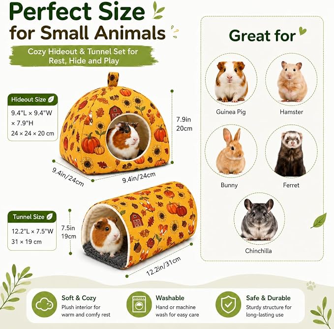 Guinea Pig Hideout Tunnel Set, 2 Pack Washable Small Animal Bed with Removable Cushion, Hamster Hideout Play Tunnel Toys for Guinea Pigs, Hamsters, Hedgehogs, Ferrets, Orange Pumpkin