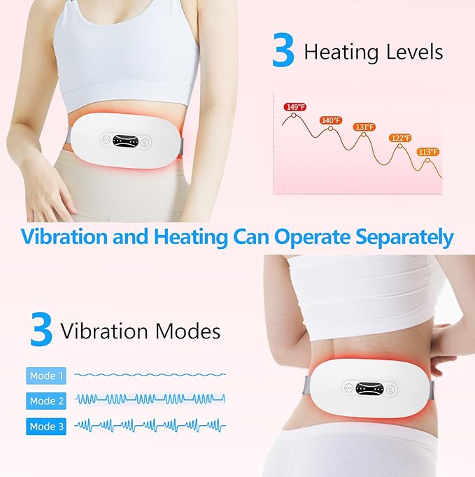 LISACOOL Portable Ccordless Heating Pad for Period Cramps Electric Waist Belt Device Portable Heatings Pad with 3 Heat Levels and 3 Massage Modes Birthday Gifts for Women and Girls (White)