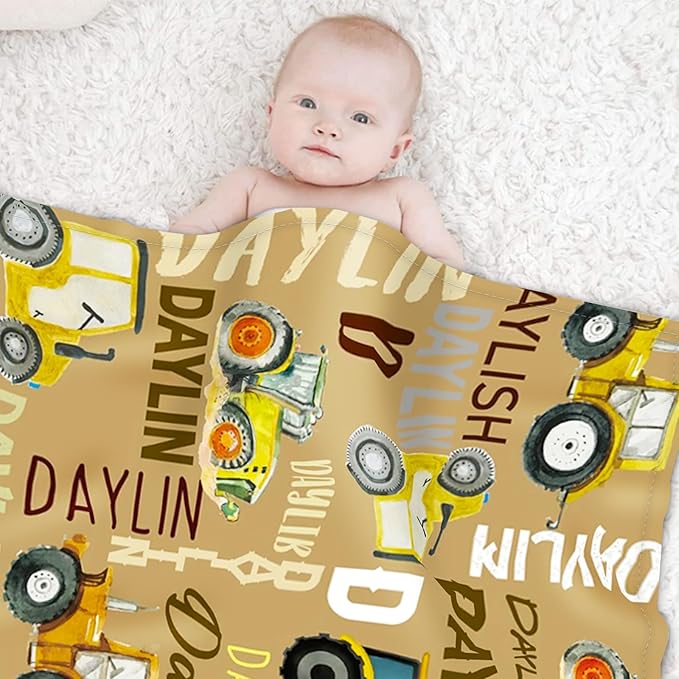 Personalized Tractors Blanket - Custom Name with Farm Tractor Trucks Design - Soft Plush Flannel Bed Blanket for Baby Kid Teen Boys Girls Customized Gifts Khaki