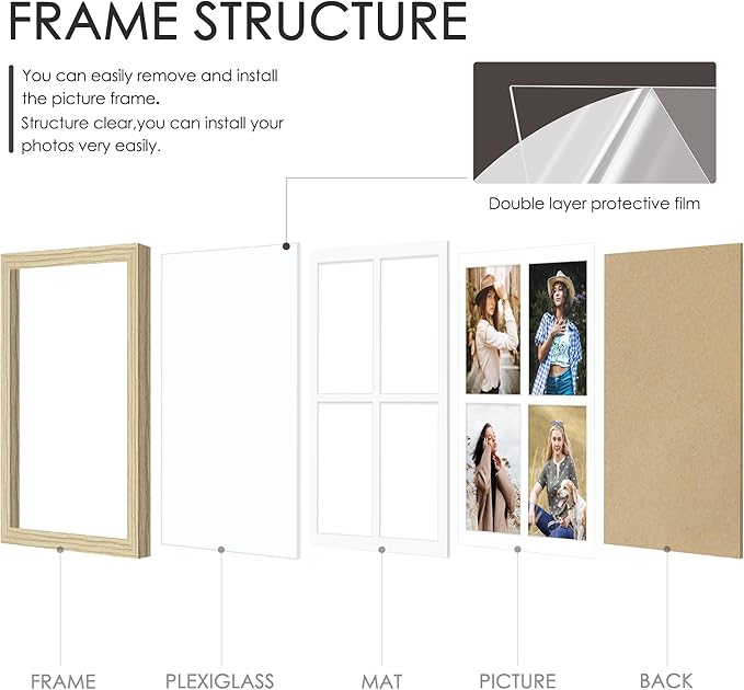 12x16 Picture Frame 5x7 Collage Picture Frame Displays Four 5x7 inch Photos or 12x16 (Without Mat) for Available Horizontal Wall Mounting Display and Vertical Wood Color