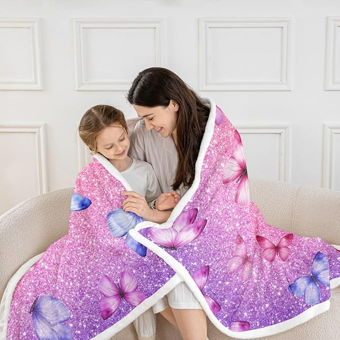 Feelyou Girls Butterfly Fleece Throw Blanket Queen 90"x90" Kids Pink Glitter Print Sherpa Blanket Plush Fuzzy for Bed Couch Chair Living Room, Dreamy Girly Bed Blanket Princess Style Room Decor