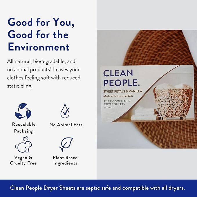 The Clean People Fabric Softener Sheets - Dryer Sheets - Softens & Removes Static Cling - Vegan Laundry Softener, Essential Oils - Sweet Petals & Vanilla 360 Pack