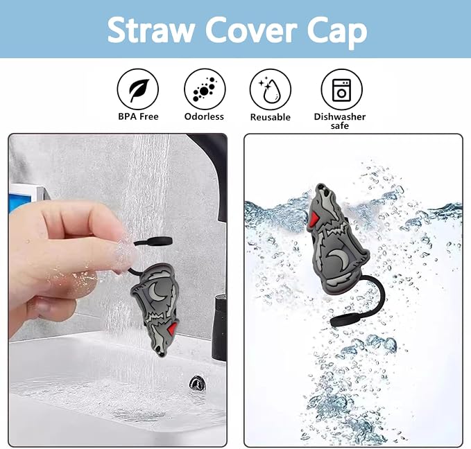 Animal Straw Toppers For Stanley Cups;Straw Covers Cap Toppers Compatible With Stanley 30&40 Oz Tumbler, Reusable & Silicone Tumbler Straws Topper For 0.4 Inch Tips Animal Lover Gifts (Wolf)