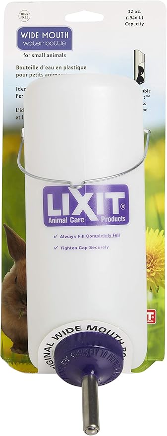 Lixit Wide Mouth BPA-Free Cage Water Bottles for Rabbits, Ferrets, Guinea Pigs, Rats, Chinchillas, Hamsters, Mice, Hedgehogs, Gerbils and Other Small Animals. (Translucent, 32 Ounce)