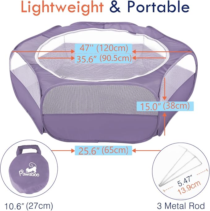 Pawaboo Small Animal Playpen with Zippered Cover, Purple | Portable pop-up pet tent for supervised rabbits, guinea pigs, chicks and kittens; water-resistant bottom and 3 metal rods
