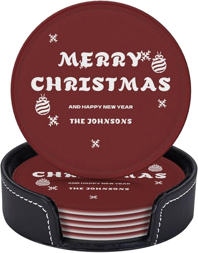 Customize PU Leather Coasters for Men, Red Custom Coasters with Last Name, Merry Christmas and Happy New Year Personalized Drink Coaster 6 PCS, Coaster Set with Holder, Gift for Christmas