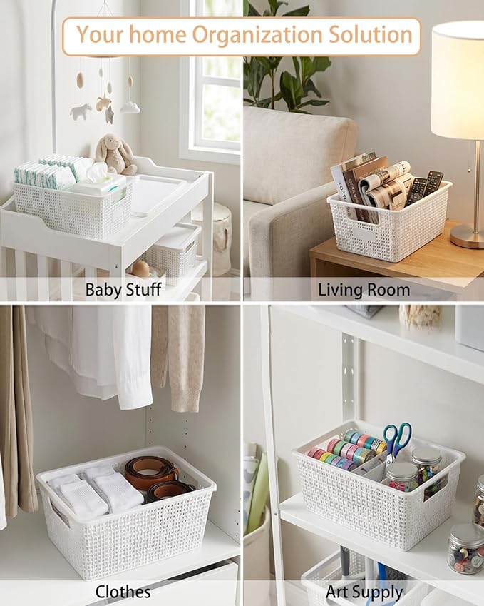 Plastic Storage Baskets with Lids [6-Pack] – Stackable Organizing Bins with Secure Snap-On Lids for Pantry, Bathroom & Closet | 11"x7"x5" Bins Hold 25lbs, Dustproof & Water-Resistant, White