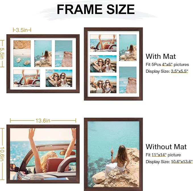 Vittanly 11x14 Collage Picture Frame, Displays 5Pcs 4x6 Pictures with Mat or 1Pcs 11x14 without Mat for Wall Mounting, Picture Frames Collage Wall Decor in Brown, 1 Pack