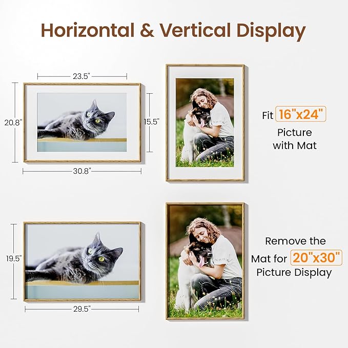 20x30 Picture Frame Natural Oak Wood From California-USA with Real Tempered Glass, Handcrafted 20x30 Photo Frame Matted to 16x24 Wedding Photo,Family Picture,Graduation Picture Display on Table & Wall