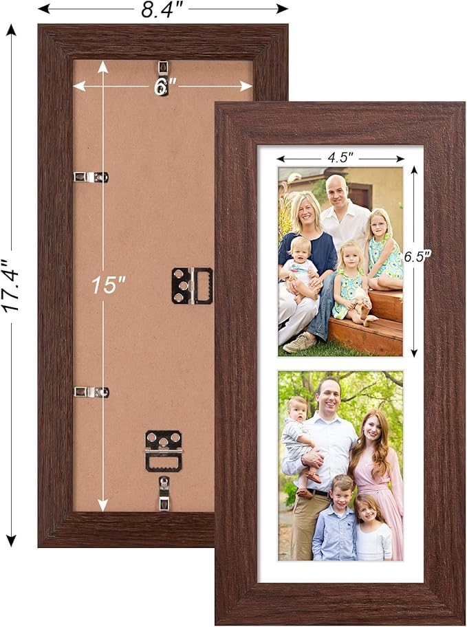 6x15 Picture Frame Display 2 opening 5X7 Double Picture Frame Collage,Multi Photo Frame with Mat,Plexiglass,Horizontal and Vertical Formats for Wall Decor,Walnut Wood Grain