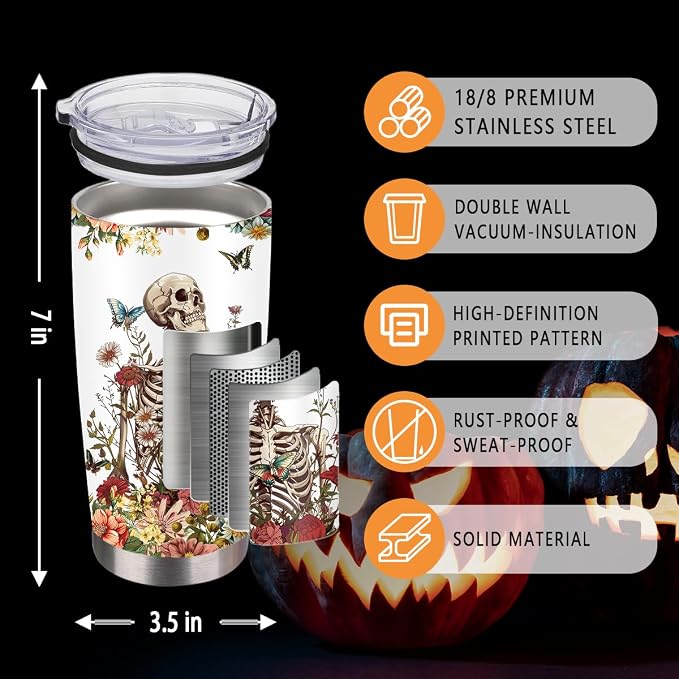 Skull Tumbler, Horror Gifts for Skull Lover Men Women, 20 Oz Horror Wicked Spooky Flower Travel Coffee Tumbler Cup with Straw & Brush, Christmas Birthday Thanksgiving Gifts, 1 PCS