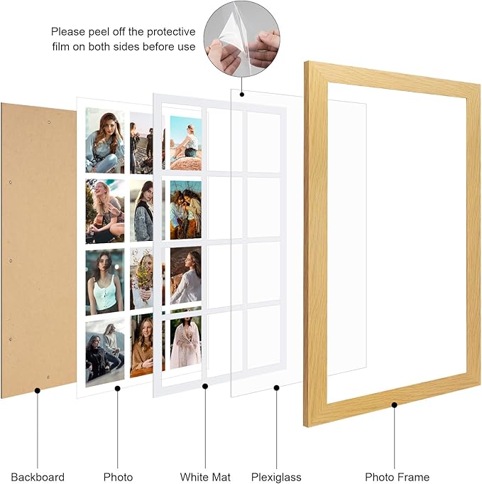 13x25 Picture Frame Display 12 opening 4X6 Picture Frame Collage,Multi Photo Frame with Mat,Plexiglass,Wall Mount Decor,Natural Wood Grain