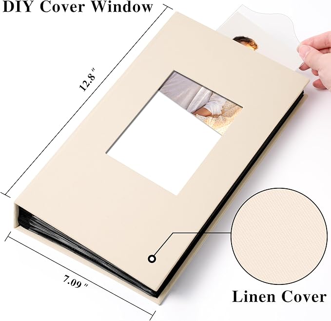 Photo Album Holds 300 Pockets with Linen Cover and Customizable Window, Fits 4x6 Photos, Archival Black Pages, Beige