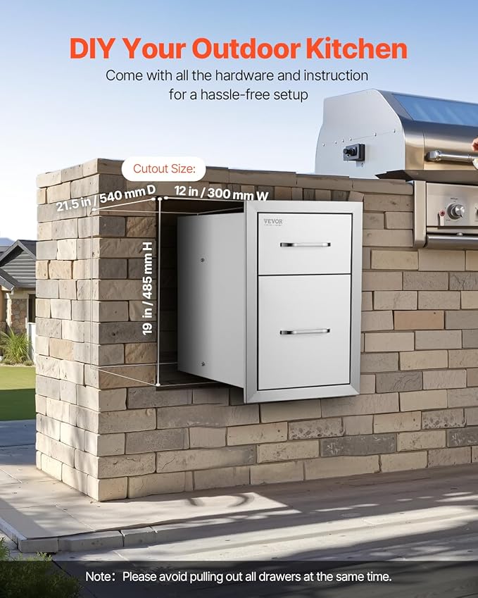 VEVOR Outdoor Kitchen Drawers 13" W x 20.5" H x 21" D, Flush Mount Double BBQ Access Drawers with Stainless Steel Handle, BBQ Island for Outdoor Kitchens or Patio Grill Station