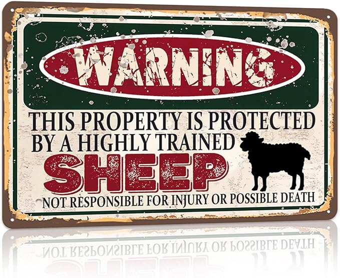 Vintage Sheep Metal Sign Wall decor | Warning this property is protected by a highly trained Sheep Sign Funny Tin Signs 12x8 Inch