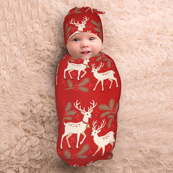 Christmas Baby Swaddle Blanket and Hat Set for Newborn Boys Girls Soft Infant Wrap Sleep 0-6 Months Two Deers