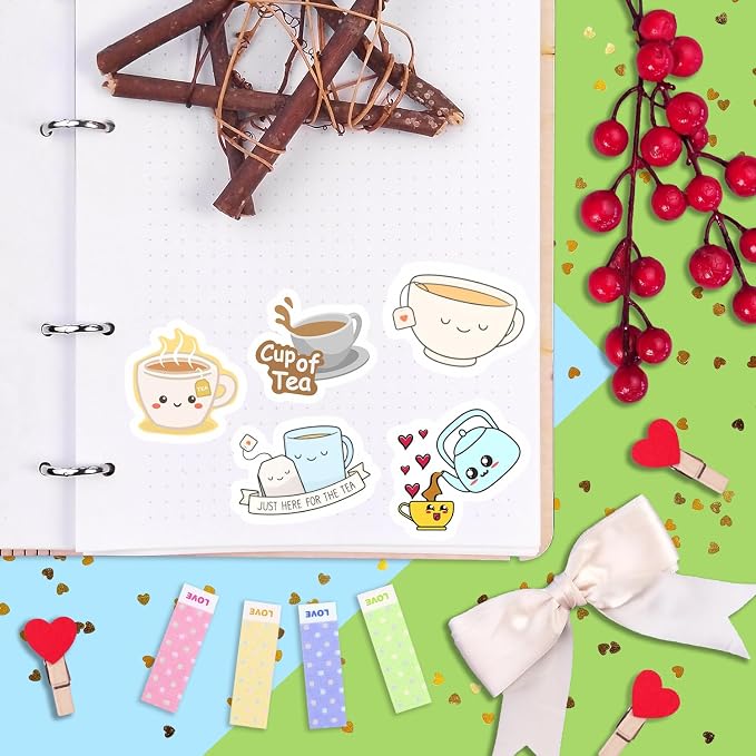 Cute Tea Cup Stickers, Tea Stickers for Water Bottle and Laptop - Tea Cup Party Supplies & Decorations, Waterproof Vinyl Drink Decals, Gifts for Women & Men