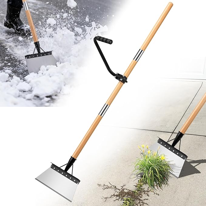 Iron Weeding Rake with 47.24" Long Handle, 9.25" Widened Garden Flat Shovel Ergonomic Auxiliary Handle for Weeding, Lawn Edging, Snow Removal, Ice Scraping-Tool-Free Assembly&Storage