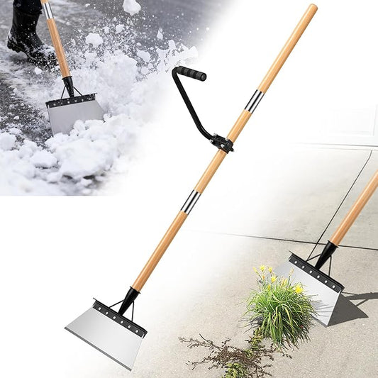 Iron Weeding Rake with 47.24" Long Handle, 9.25" Widened Garden Flat Shovel Ergonomic Auxiliary Handle for Weeding, Lawn Edging, Snow Removal, Ice Scraping-Tool-Free Assembly&Storage