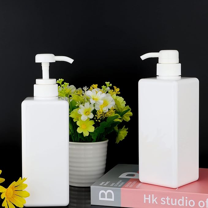 Pump Bottle Dispenser 22oz/650ml Jansburg 2Pack Refillable Square Plastic Lotion Dispenser Empty Lotion Pump Bottle for Essential Oil Lotion, Shampoo, Bathroom Travel White