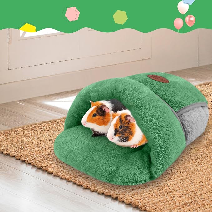 YUEPET Guinea Pig Bed Cuddle Cave, Warm Fleece Hideout, Green | Cozy Guinea Pig House, Portable Guinea Pig Hideout, Soft Coral Fleece, Washable Cushion, Folds Flat