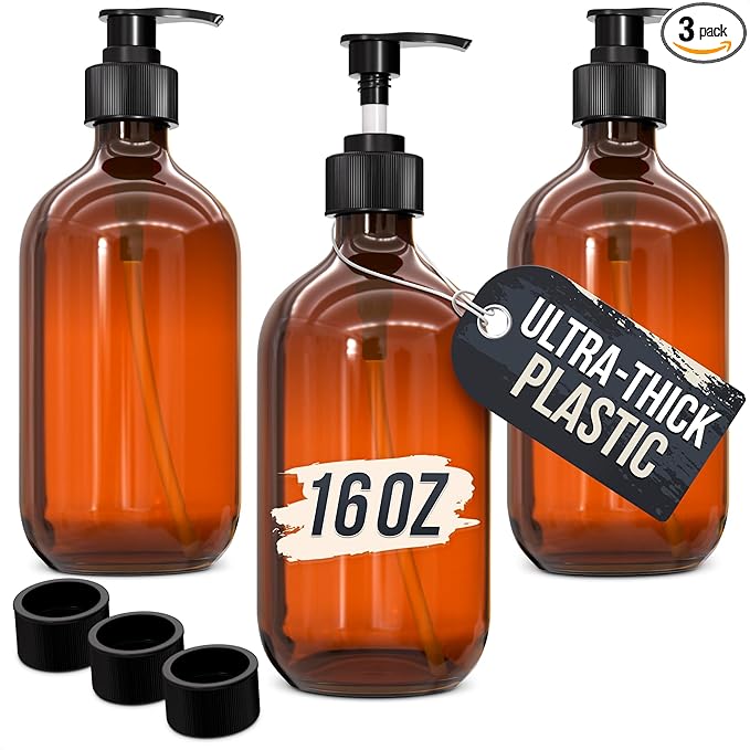 Amber Plastic Soap Dispenser with Pump Set of 3 – 16 oz Refillable Shampoo and Conditioner Bottles – Durable & Reusable for Hand Soap, Dish Soap, Lotion, Gel, Body Wash in Kitchen, Bathroom, Shower