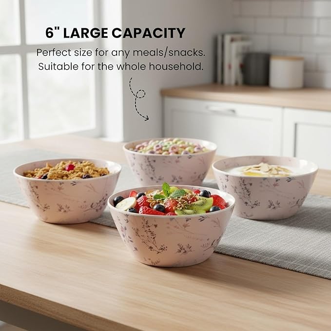 Bamboo Bowl Set of 4 – 6 Inch 20 oz Durable Deep Cereal and Snack Dishware for Kids and Toddlers – BPA Free, Dishwasher Safe, Lightweight Alternative to Plastic or Ceramic (Fleur Design)