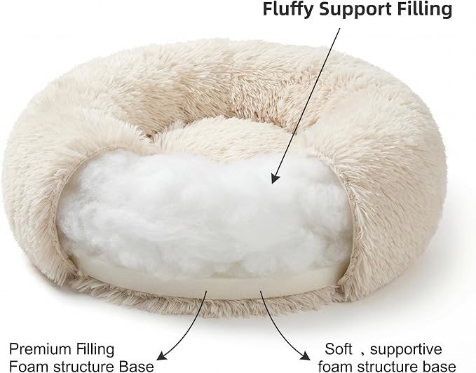 Calming Donut Small Dog Bed for Chihuahua Yorkie Maltese Shih Tzu | 19 Inch Washable Puppy Bed,Ultra Soft Faux Fur Round Dog Bed,Beige