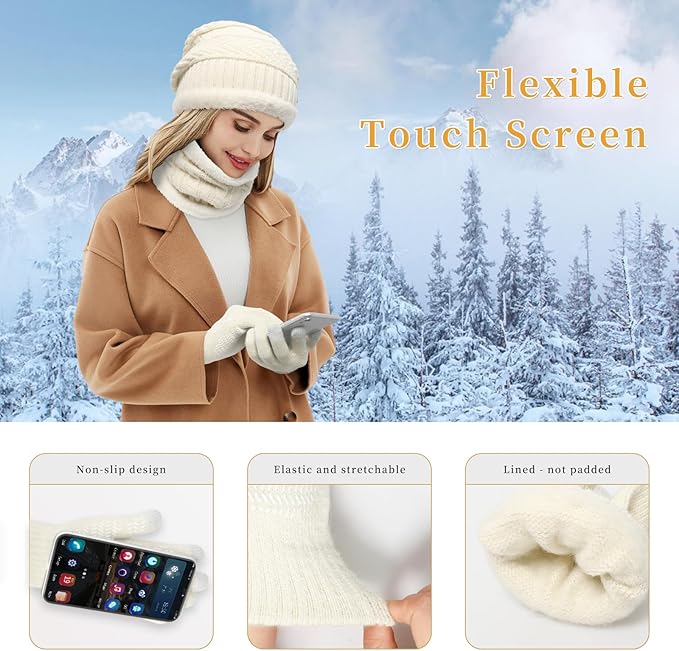 MAYLISACC Winter Knit Beanie Hat Neck Warmer Scarf and Touch Screen Gloves Set 3 Pcs Fleece Lined Skull Cap for Men Women