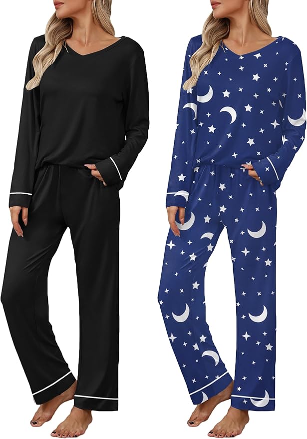 Ekouaer Womens 2 Pack Pajama Set Long Sleeve Pajamas Top and Pants V Neck Pjs Set Soft Loungewear with Pockets