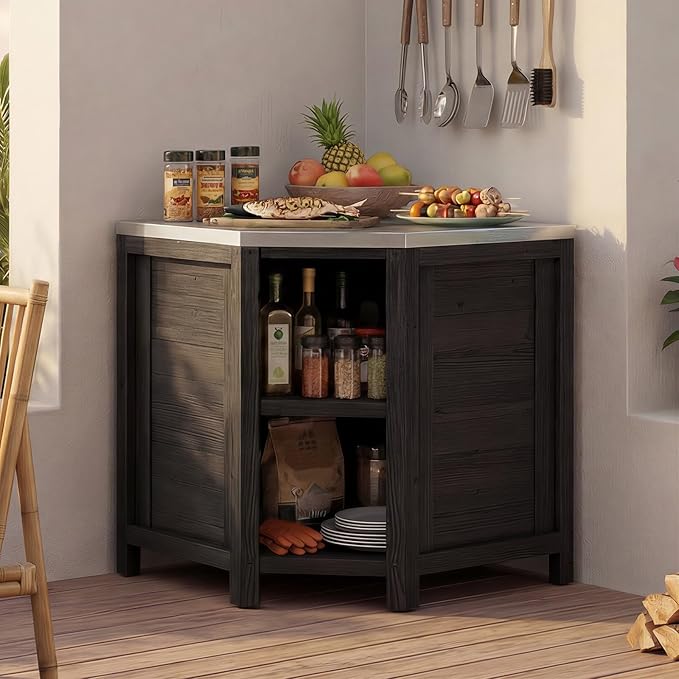 MOUMON Corner Patio Kitchen Storage Cabinet with Stainless Steel Countertop, Solid Cedar Patio Prep Table for Grilling, Outdoor Cooking Station, Dark Grey 35.4”W x 35.4”D x 37.4”H